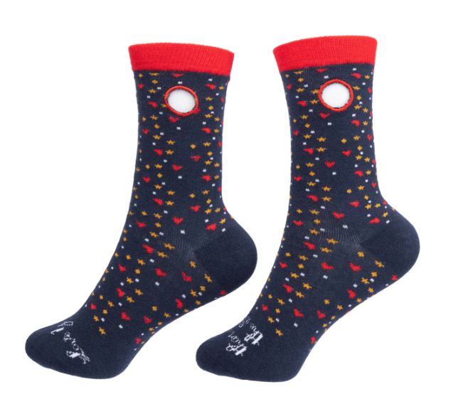 Navy socks with small yellow stars and red hearts pattern